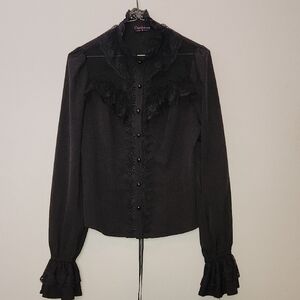 Romantic Gothic Black Ruffle Button-down Blouse Faux Corset Size S